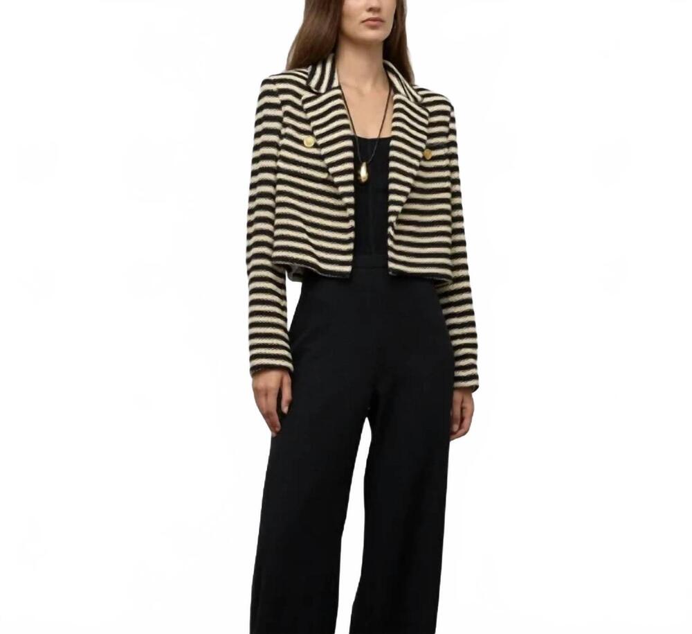 NEW IRIS SETLAKWE stripe cropped knit jacket in black/beige